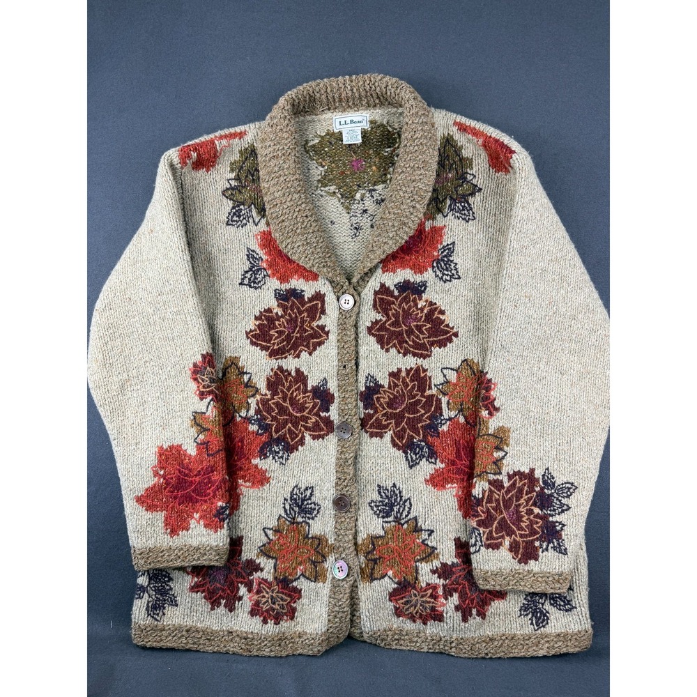 Vintage LL Bean Womens Ivory Cardigan Sweater Autumnal Leaf Motif Silk Wool M